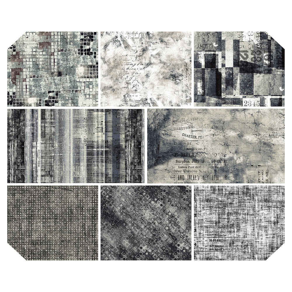 Eclectic Elements Contrast Fat Quarter -kangasnippu, 8 mustavalkoista ja harmaasävyistä tilkkukangasta, Tim Holtz FreeSpirit Fabrics