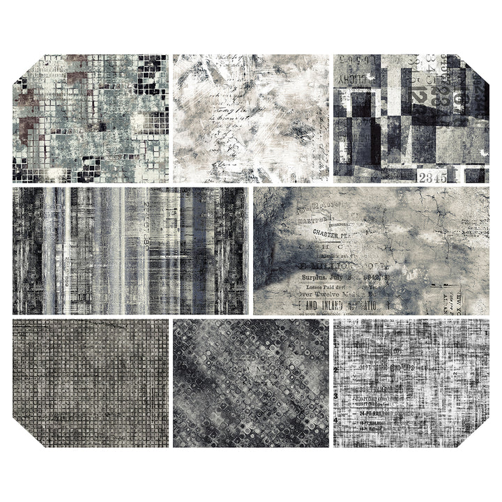 Eclectic Elements Contrast Fat Quarter -kangasnippu, 8 mustavalkoista ja harmaasävyistä tilkkukangasta, Tim Holtz FreeSpirit Fabrics