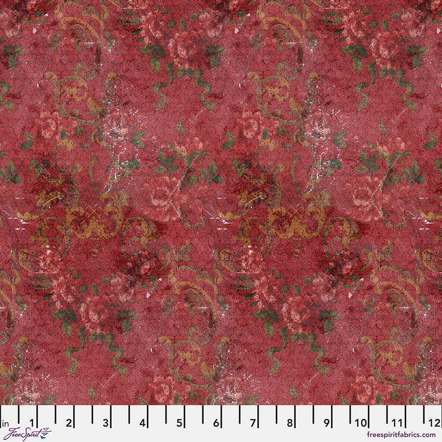 Tim Holtz - Eclectic Elements/Palette Red Tapestry -puuvillakangas, murretun punainen tausta ja gobeliinityyliset ruusukuviot