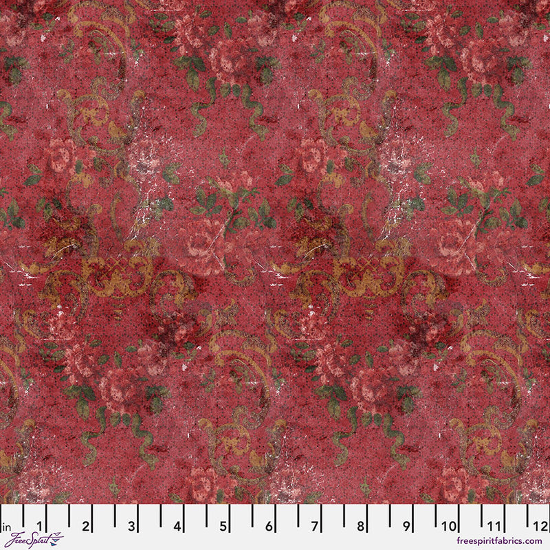 Tim Holtz - Eclectic Elements/Palette Red Tapestry -puuvillakangas, murretun punainen tausta ja gobeliinityyliset ruusukuviot