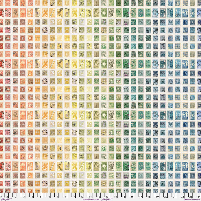 Tim Holtz - Eclectic Elements/Palette Multi Stamps -puuvillakangas,  tmonivärisiä postimerkkejä ruudullisessa asetelmassa, luonnonvalkoisella  taustalla