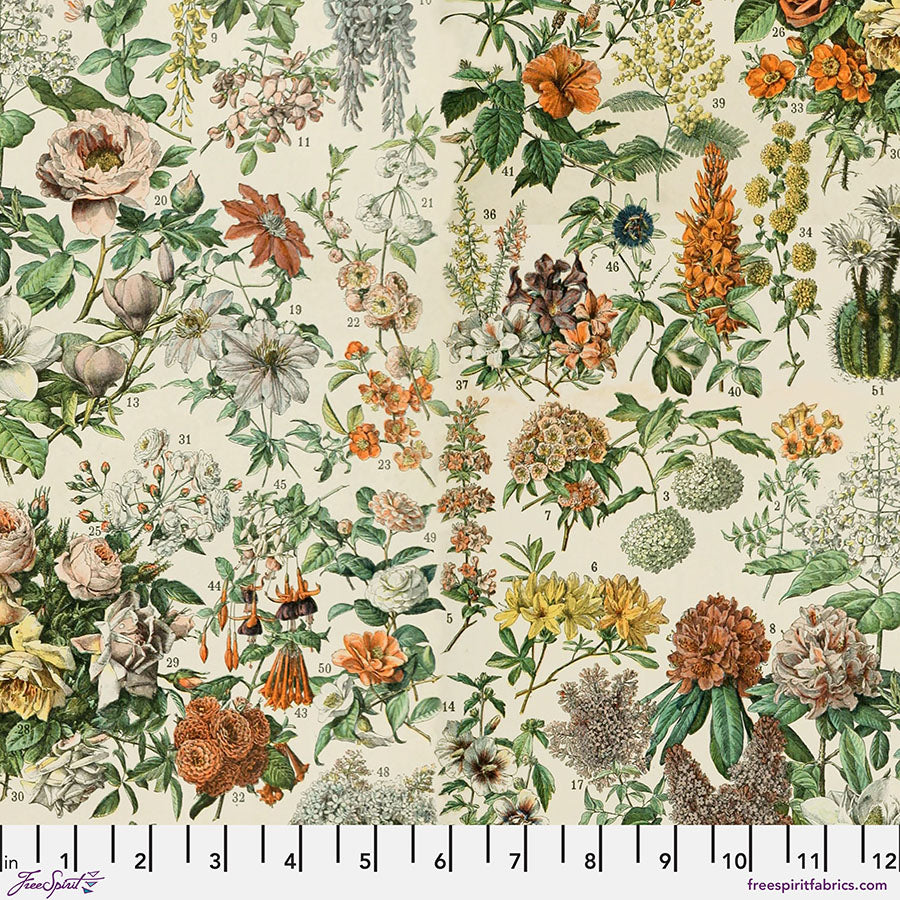 Tim Holtz - Eclectic Elements/Palette Orange Botanical -puuvillakangas, valkoisia, oransseja ja keltaisia kukkia vihreillä lehdillä ja luonnollisella taustalla