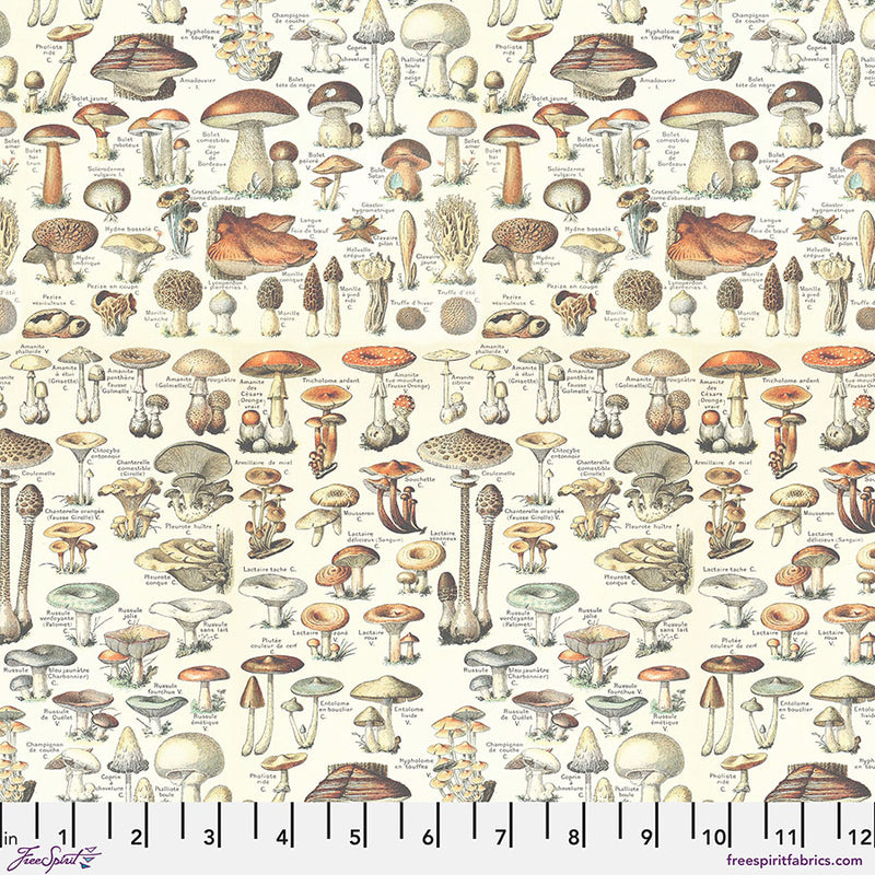 Tim Holtz - Eclectic Elements/Palette Orange Toadstools -puuvillakangas, sieniprintti luonnollisissa ja oransseissa sävyissä vaalealla taustalla.