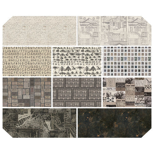 Tim Holtz Palette -kokoelman Hiilenharmaa Fat Quarter -nippu, jossa 10 palan Eclectic Elements Palette-kankaita.