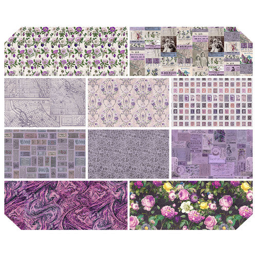 Tim Holtz Palette -kokoelman Lila Fat Quarter -nippu, jossa 10 palan Eclectic Elements Palette-kankaita.