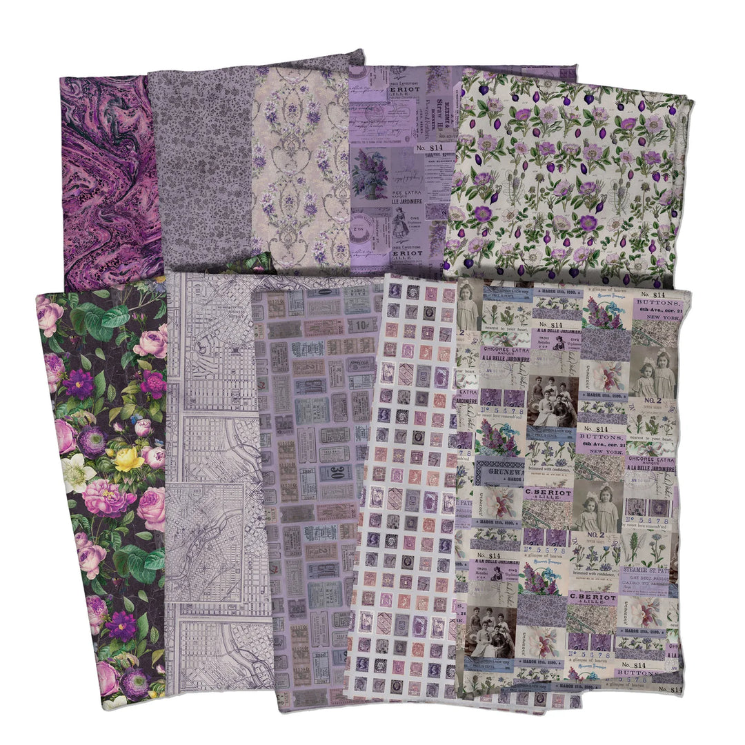 Tim Holtz Palette -kokoelman Lila Fat Quarter -nippu, jossa 10 palan Eclectic Elements Palette-kankaita.