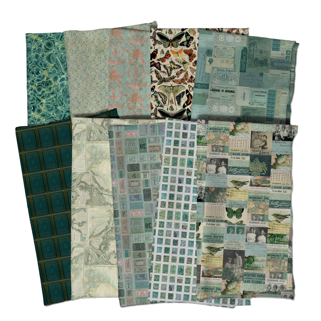 Tim Holtz Palette -kokoelman Merenvihreä Fat Quarter -nippu, jossa 10 palan Eclectic Elements -kankaita