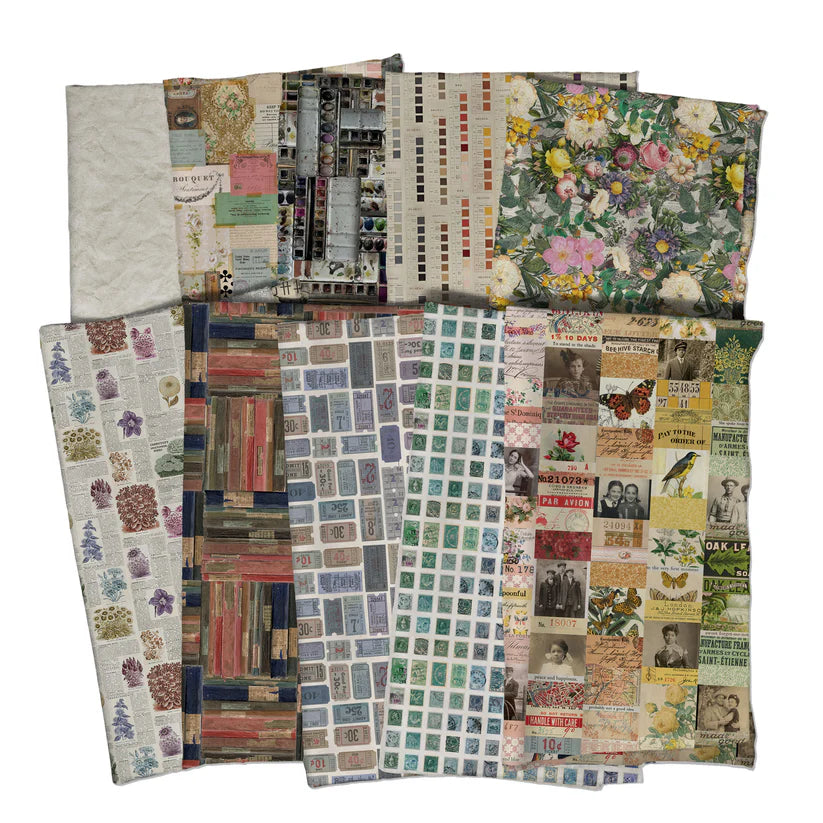 Tim Holtz Palette -kokoelman Monivärinen Fat Quarter -nippu, jossa 10 palan Eclectic Elements Palette-kankaita.