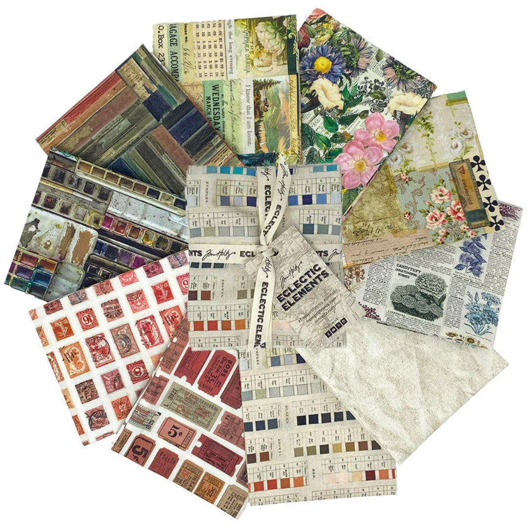 Tim Holtz Palette -kokoelman Monivärinen Fat Quarter -nippu, jossa 10 palan Eclectic Elements Palette-kankaita.