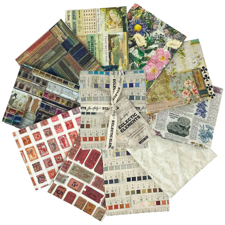Tim Holtz Palette -kokoelman Monivärinen Fat Quarter -nippu, jossa 10 palan Eclectic Elements Palette-kankaita.