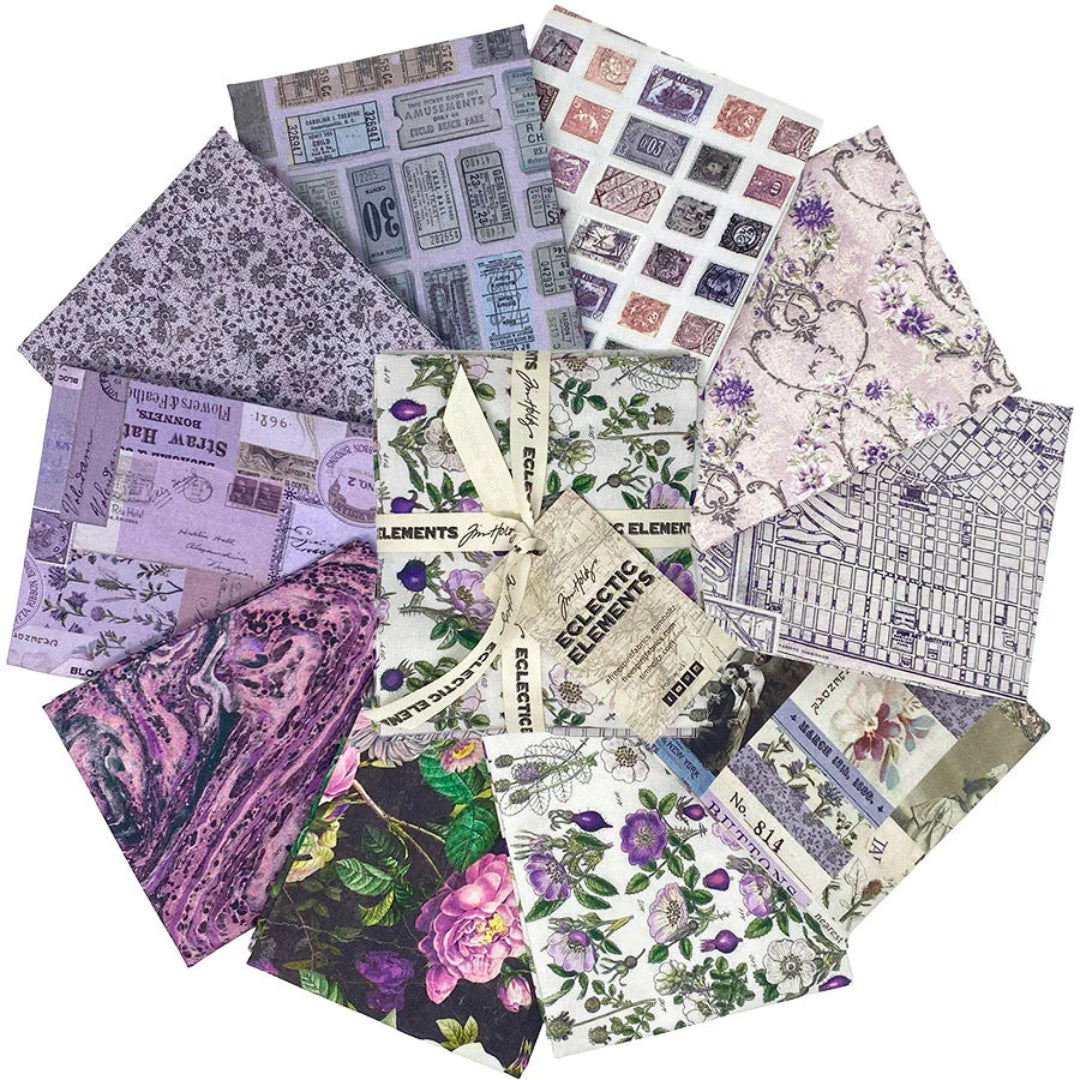 Tim Holtz Palette -kokoelman Lila Fat Quarter -nippu, jossa 10 palan Eclectic Elements Palette-kankaita.
