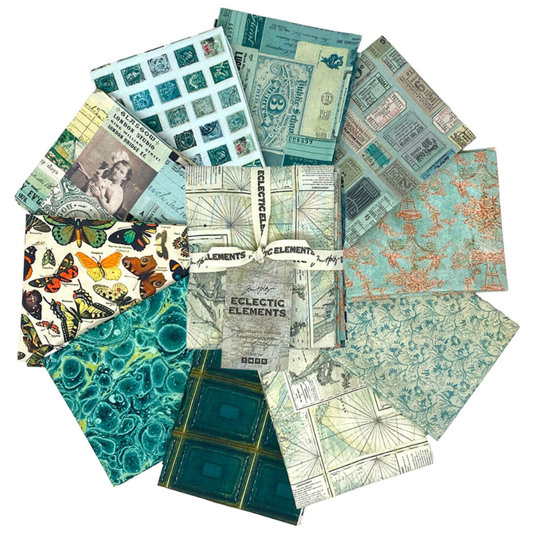 Tim Holtz Palette -kokoelman Merenvihreä Fat Quarter -nippu, jossa 10 palan Eclectic Elements -kankaita