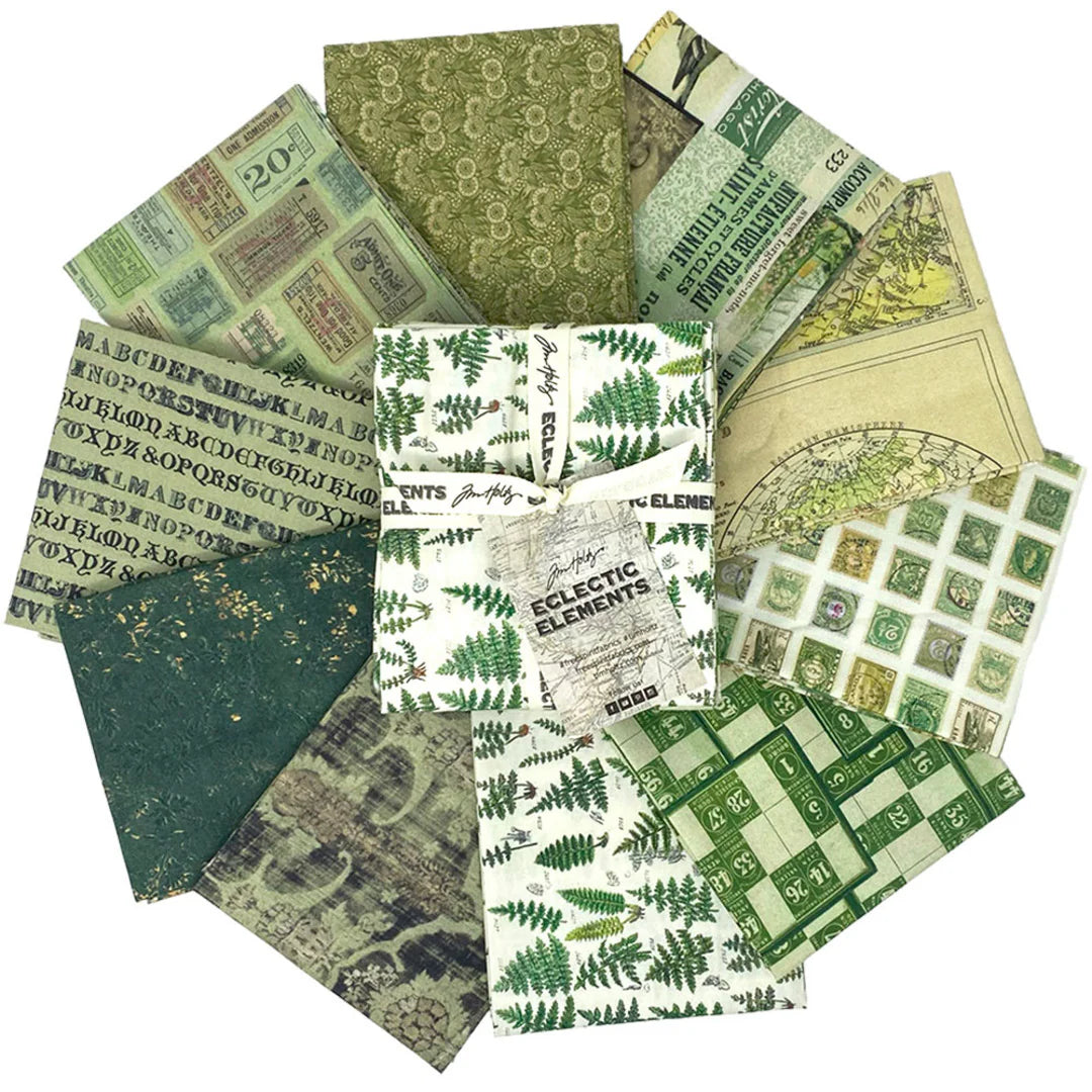 Tim Holtz Palette -kokoelman Vihreä Fat Quarter -nippu, jossa 10 palan Eclectic Elements Palette-kankaita