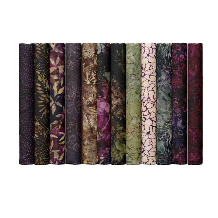 Tonga Batiks Chateau batikkikangasnippu 12 kpl, tummasävyinen luumu musta vihreä, tilkkutyöt