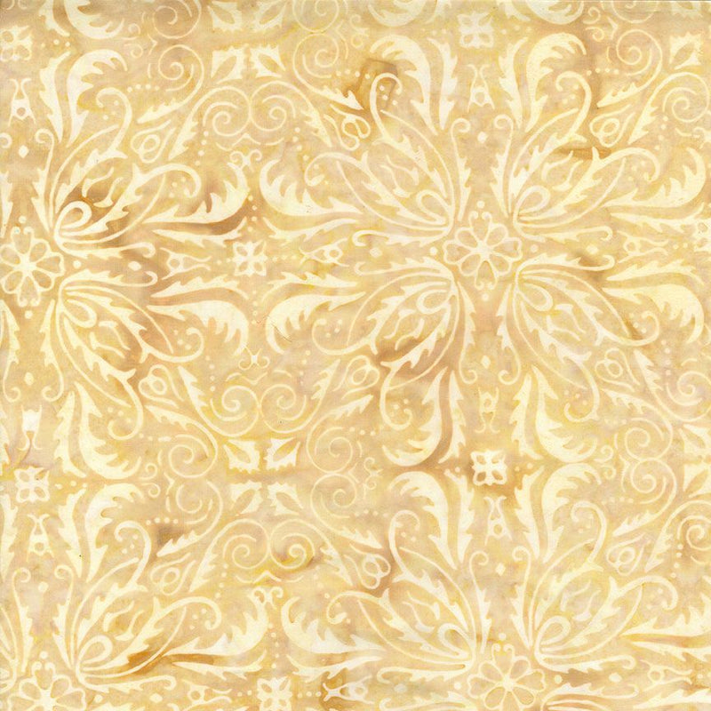 Tonga batiks Pansy - Symmetrical Floral Tiles Sand B8740 puuvillakangas batiikki naturaali sävyisellä pohjalla kukka- ja lehtikuvioita
