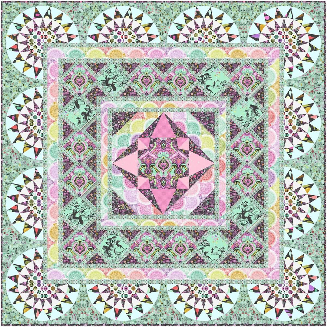 Tula Pink Amphibian Majesty Quilt tilkkutyöpakkaus – noin 13 metria Prince Charming Deja Vu ja uusi True Colors -kankaista. 182 cm x 182 cm peitto, värikäs ja moderni tilkkutyö edistyneelle aloittelijalle.