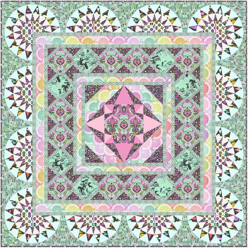 Tula Pink Amphibian Majesty Quilt tilkkutyöpakkaus – noin 13 metria Prince Charming Deja Vu ja uusi True Colors -kankaista. 182 cm x 182 cm peitto, värikäs ja moderni tilkkutyö edistyneelle aloittelijalle.