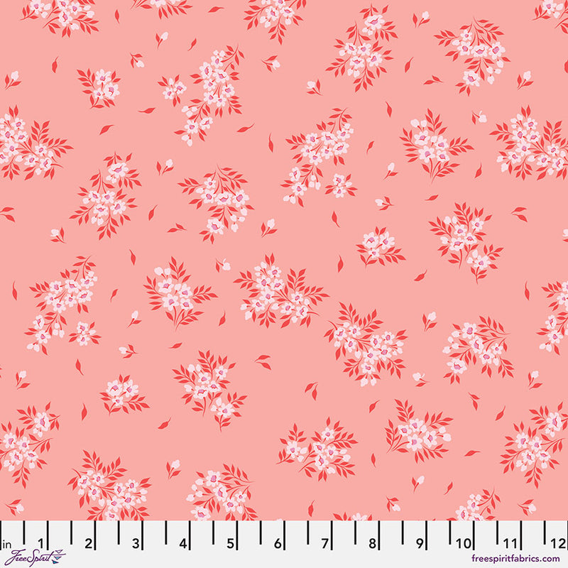 Tula Pink True Colors 2025 What a Ditz Peachy Keen,  kukkakuviollinen kangas, laadukasta 100% puuvillaa, täydellinen tilkkutöihin.