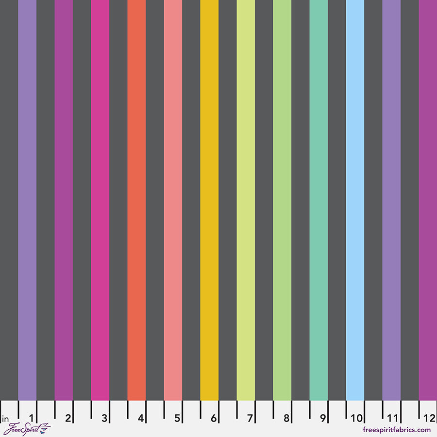 Tula Pink Disco Stripe Carbon -puuvillakangas, värikkäät raidat harmaalla taustalla.