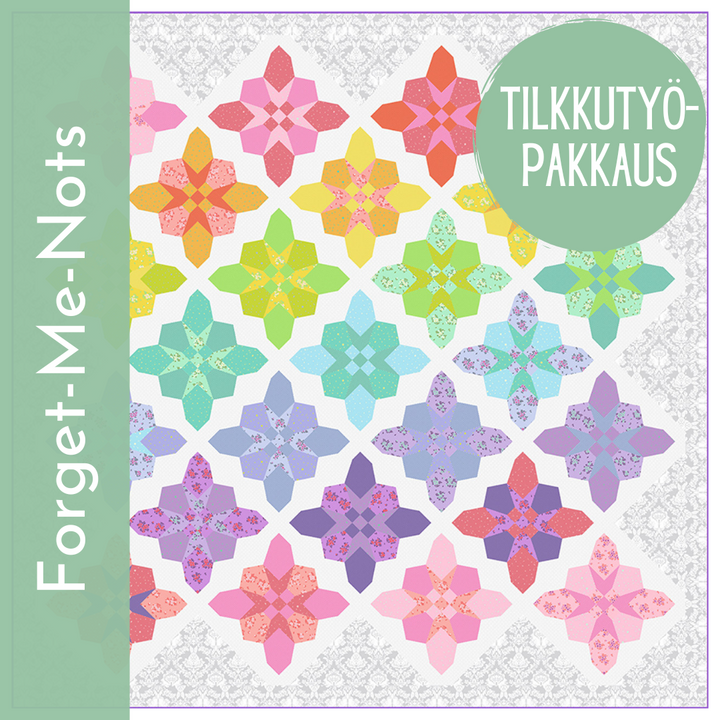 Tula Pink Forget-Me-Nots tilkkutyöpakkaust – värikäs tilkkutyöpaketti uusi True Colors -kankaista, koko 238 x 238cm