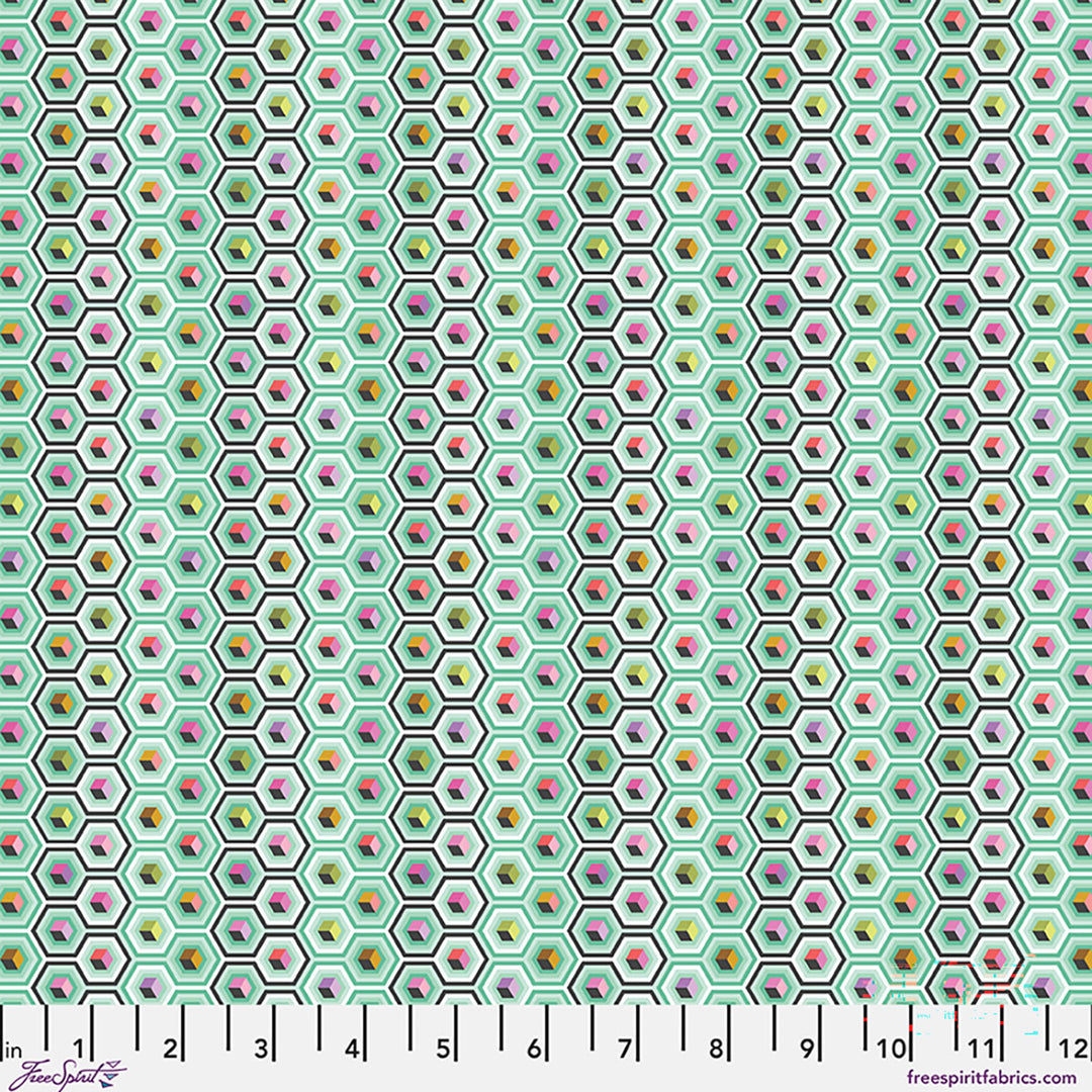 Tula Pink Prince Charming Déjà Vu Hexbox Sweetmint -puuvillakangas, geometrinen kuusikulmiokuvio mintinvihreällä pohjalla