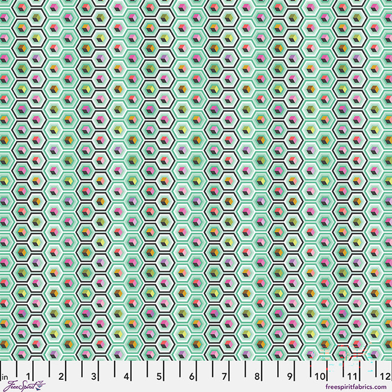 Tula Pink Prince Charming Déjà Vu Hexbox Sweetmint -puuvillakangas, geometrinen kuusikulmiokuvio mintinvihreällä pohjalla