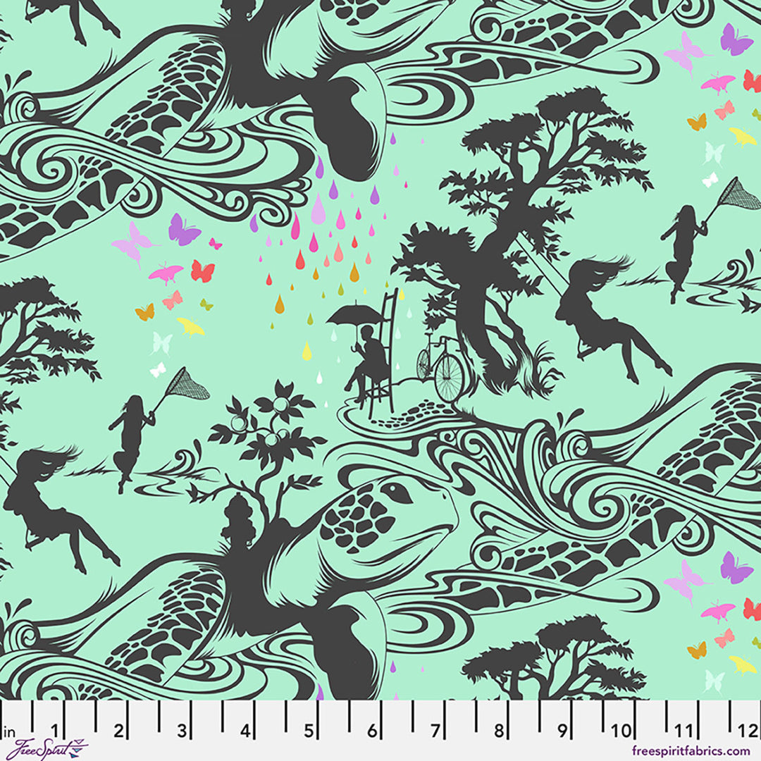 Tula Pink Prince Charming Déjà Vu Turtle Bay Sweetmint -puuvillakangas, kilpikonnakuosi ja satumaiset siluettihahmot mintinvihreällä pohjalla