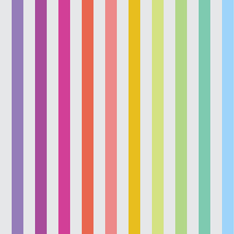 Tula Pink Disco Stripe Whisper -puuvillakangas, värikkäät raidat vaaleanharmaalla taustalla.