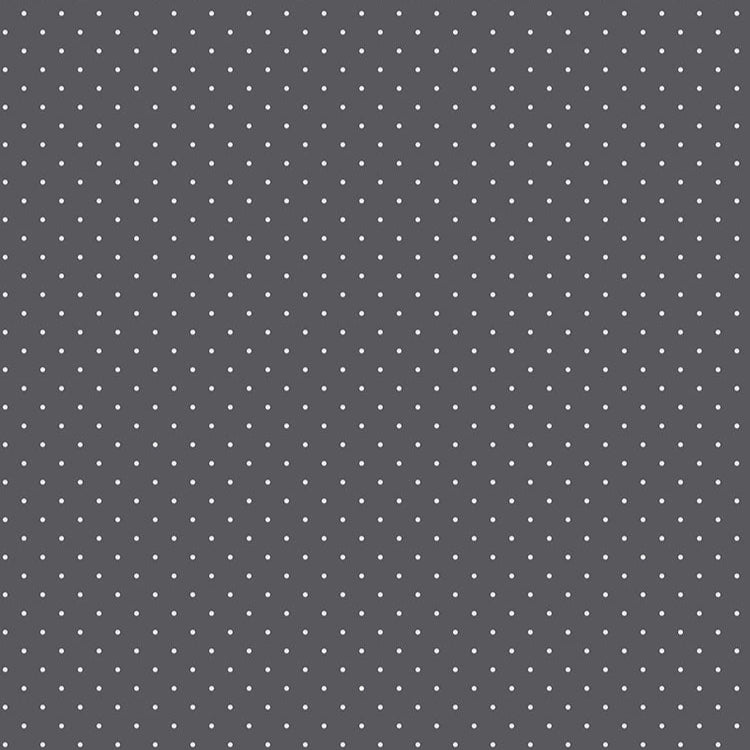 Tula Pink Tiny Dots Carbon -puuvillakangas, harmaa tausta ja pienet vaaleat pilkut.