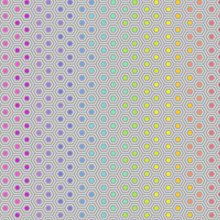 Tula Pink True Colors Hexy Rainbow - Dove -kangas, harmaa pohja pastellisilla hexagon-kuvioilla.