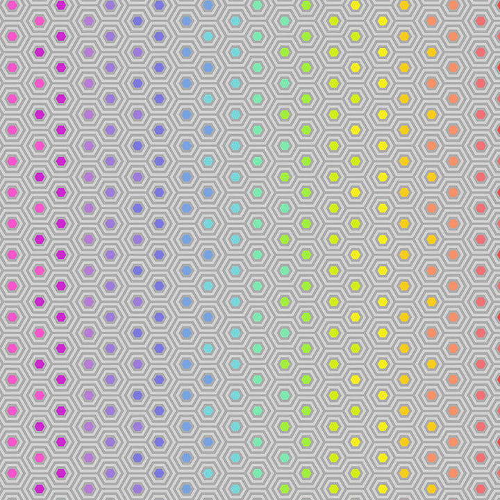 Tula Pink True Colors Hexy Rainbow - Dove -kangas, harmaa pohja pastellisilla hexagon-kuvioilla.