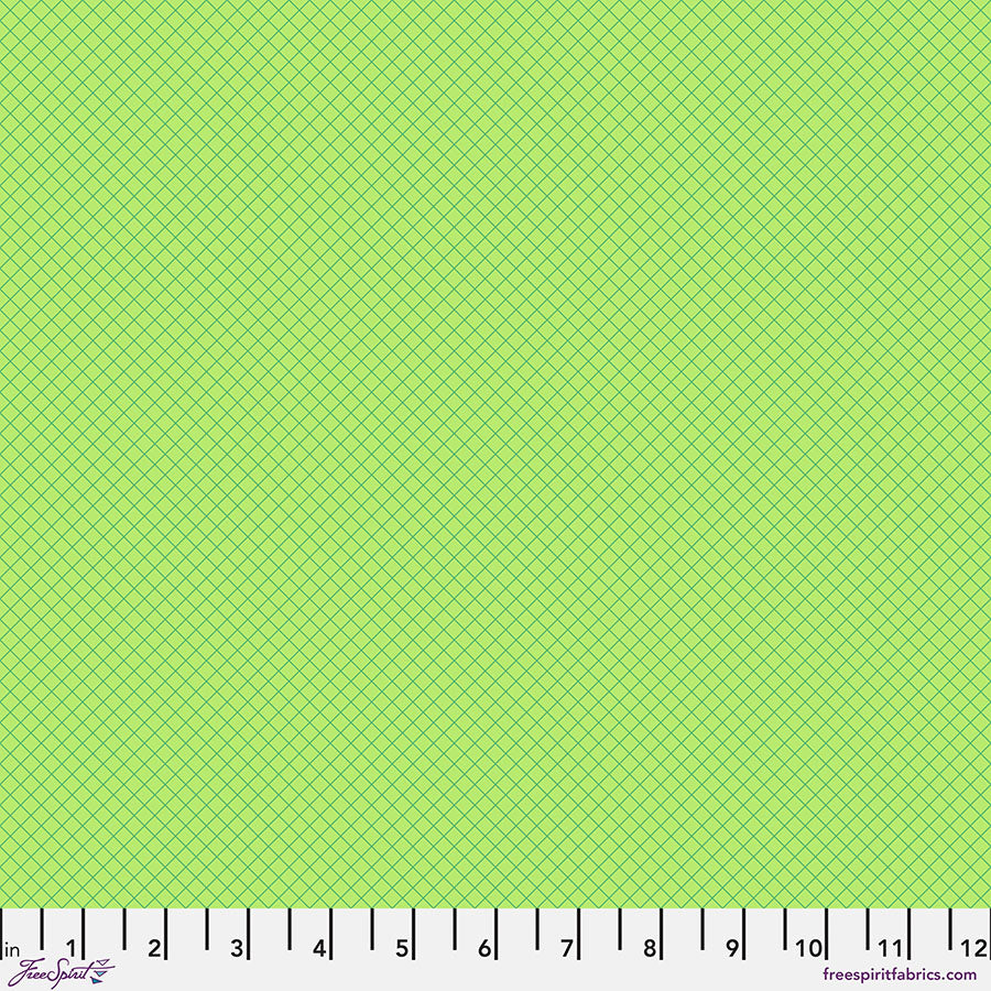 Tula Pink True Colors 2025 On the Grid Apple kangas, ruudullinen vihreä kangas, laadukasta 100% puuvillaa, täydellinen tilkkutöihin.