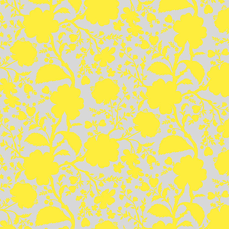 Tula Pink True Colors Wildflower Daisy -kangas, harmaa tausta ja keltaiset kukkakuviot. Täydellinen tilkkutöihin ja käsitöihin.