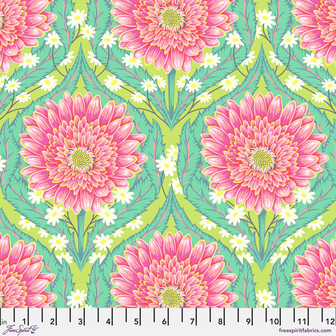 Daisy and Confused Moonbeam: Tula Pinkin Untamed -kokoelman kukkakuvioinen puuvillakangas neonkorostuksilla ja geometrisilla kuvioilla.