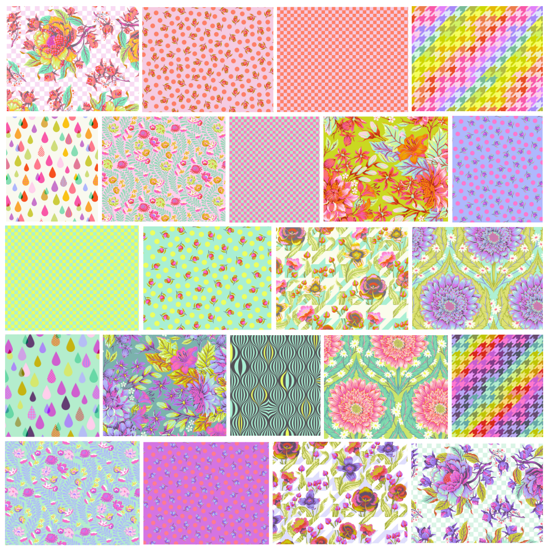 Tula Pink Untamed Neon Fat Quarter -nippu – 22 kappaletta puuvillakankaita neonkorostuksilla ja rohkeilla geometrisilla kuvioilla, täydellinen tilkkutöihin.