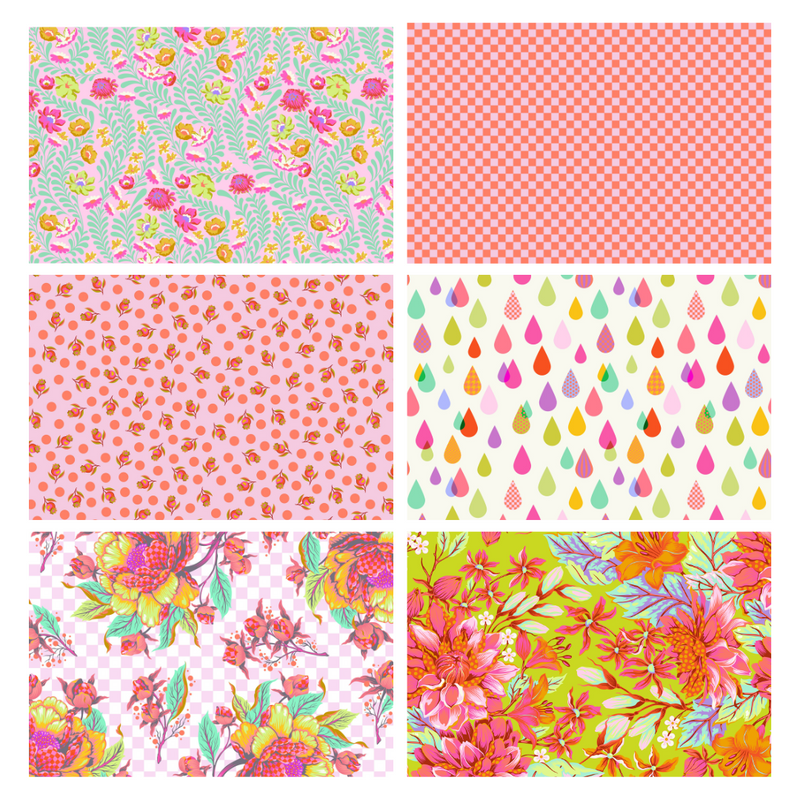 Tula Pink Untamed Neon Lunar Fat Quarter -nippu – 6 kappaletta puuvillakankaita neonkorostuksilla ja rohkeilla geometrisilla kuvioilla, täydellinen tilkkutöihin.