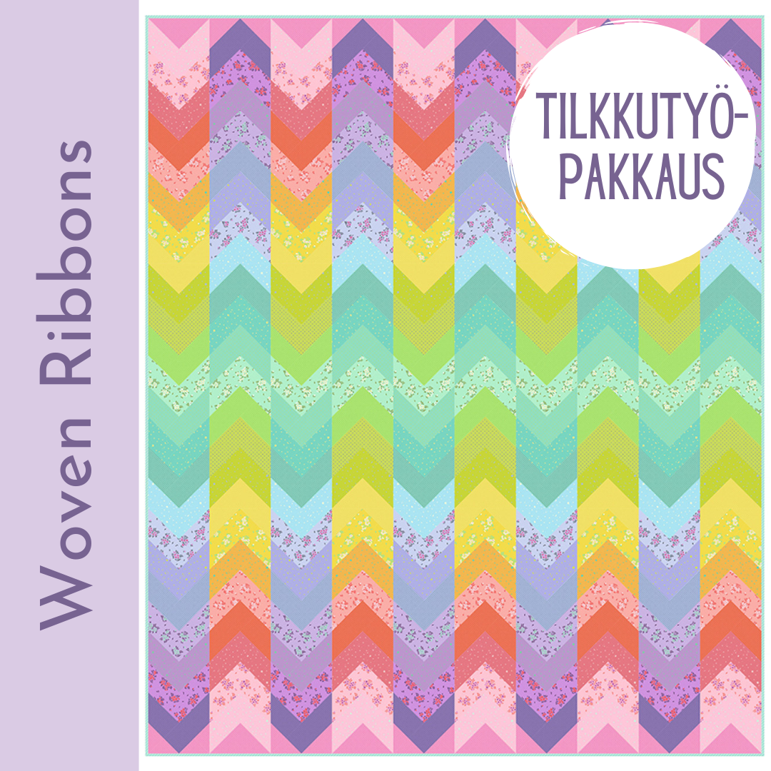Tula Pink Woven Ribbons Quilt Kit – värikäs sateenkaarimainen tilkkutyö True Colors -kankaista, koko 203cm x 238cm , sisältää 13 m kangasta ja ohjeet.