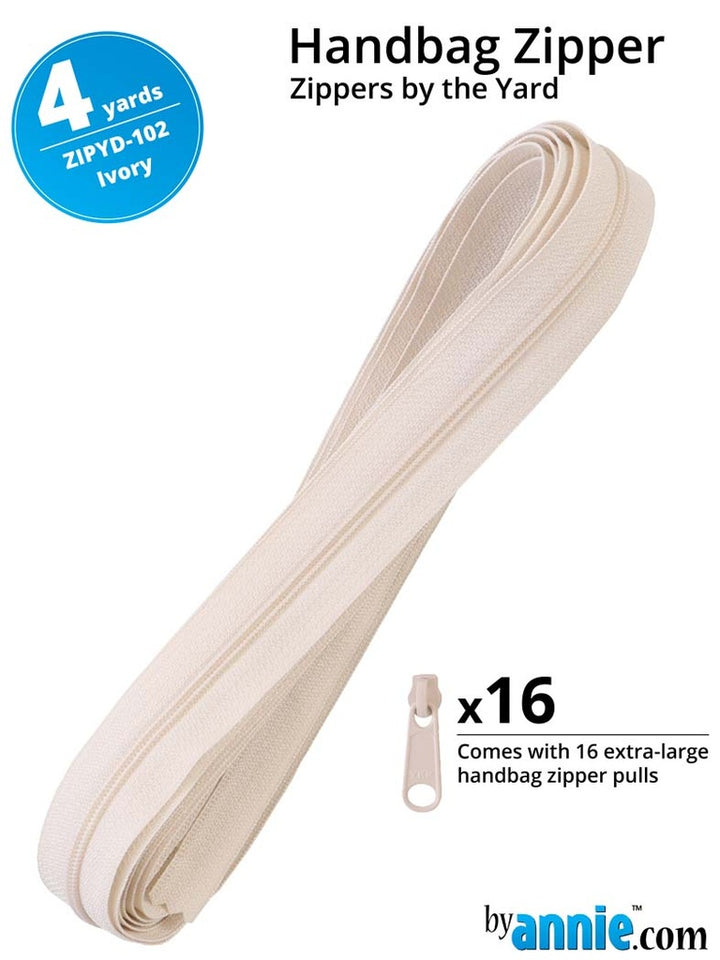 ByAnne Vetoketju 365 cm, väri Ivory, sisältää 16 vedintä, täydellinen laukkuihin ja käsilaukkuihin