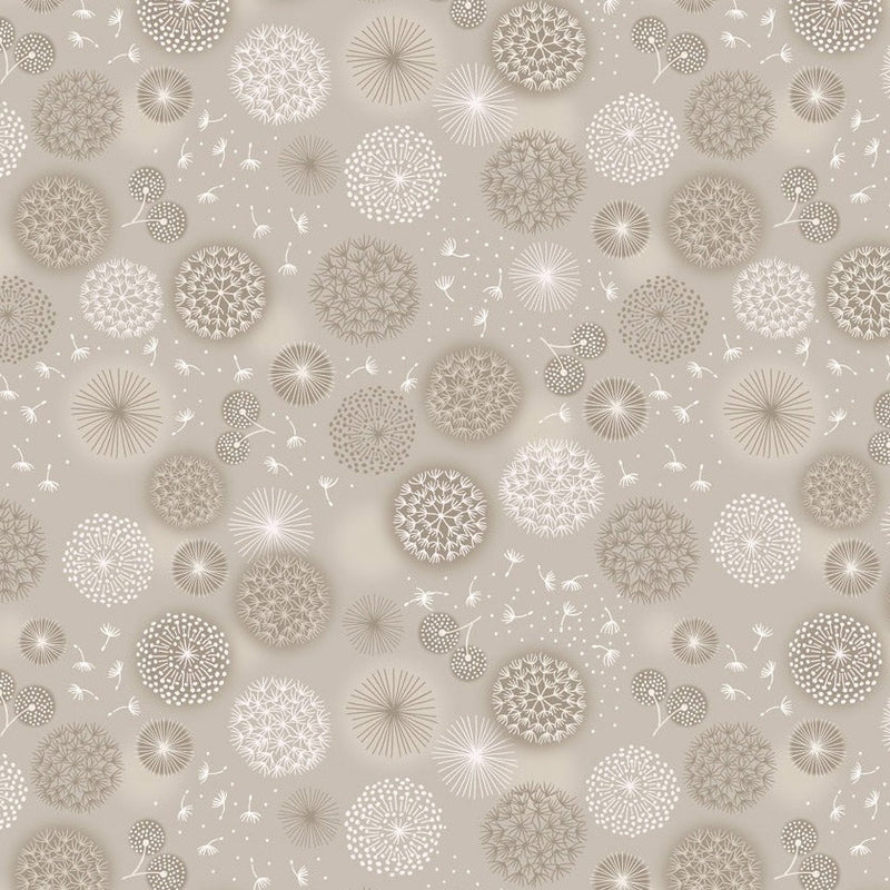 Wide Width - Cream Linen Dandelions 108" - W16 leveä takakangas, beige pohja ja pastellivärisiä kukkia, leveys noin 274 cm, 100% puuvillakangas tilkkutöihin ja käsitöihin.