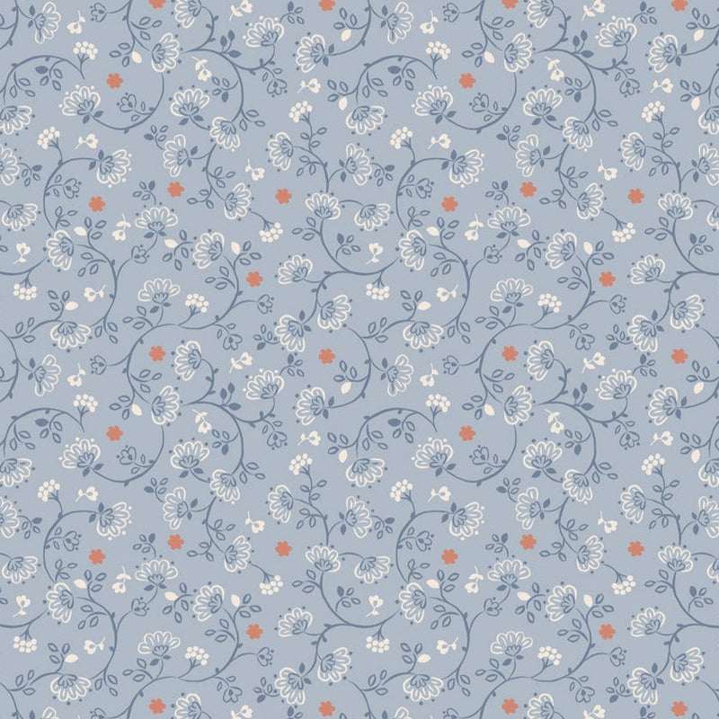 Wide Width - Flower CHains on Blue 108" - W20 leveä takakangas, sininen pohja ja pastellivärisiä kukkia, leveys noin 274 cm, 100% puuvillakangas tilkkutöihin ja käsitöihin.