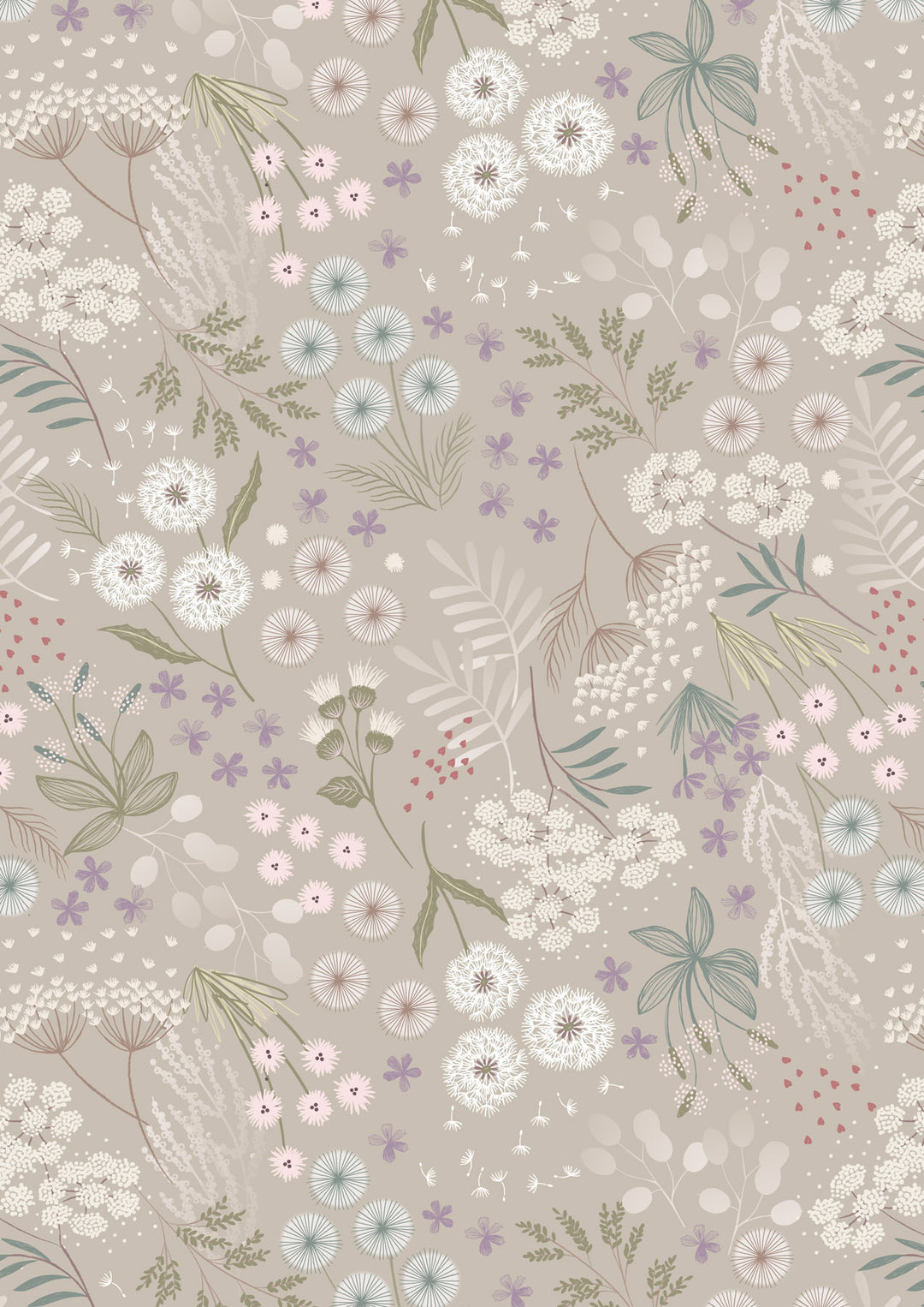 Wide Width - Natural Meadow Flowers 108" - W6 leveä takakangas, beige pohja ja pastellivärisiä kukkia, leveys noin 274 cm, 100% puuvillakangas tilkkutöihin ja käsitöihin.