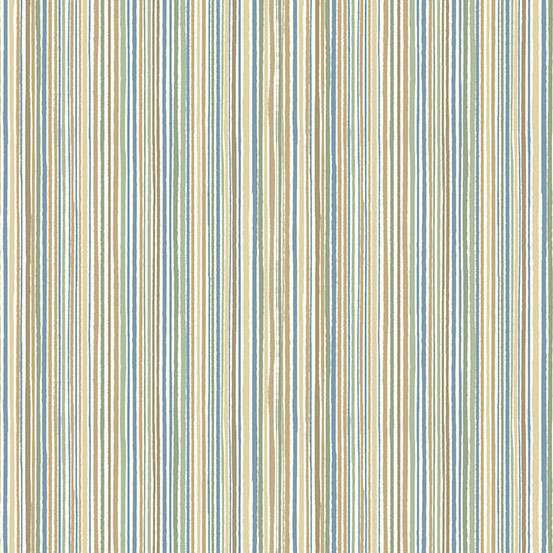 Wildwood Fine Stripe Teal puuvillakangas, hienot pystysuorat raidat sinisen, vihreän ja beigen sävyissä, Makower UK