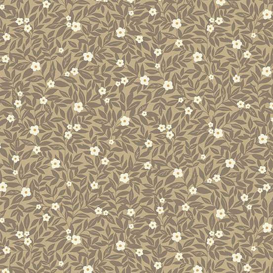 Wildwood Rambler Brown – Makower UK:n herkkä kukka- ja lehtikuosi ruskealla pohjalla.