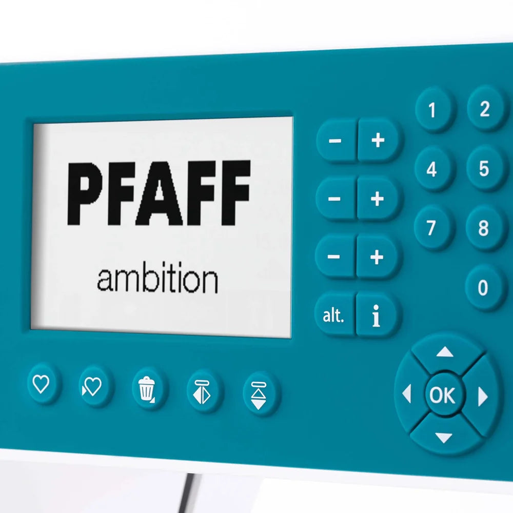 PFAFF ambition 620 LCD-näyttö ja ohjauspainikkeet lähikuvassa
