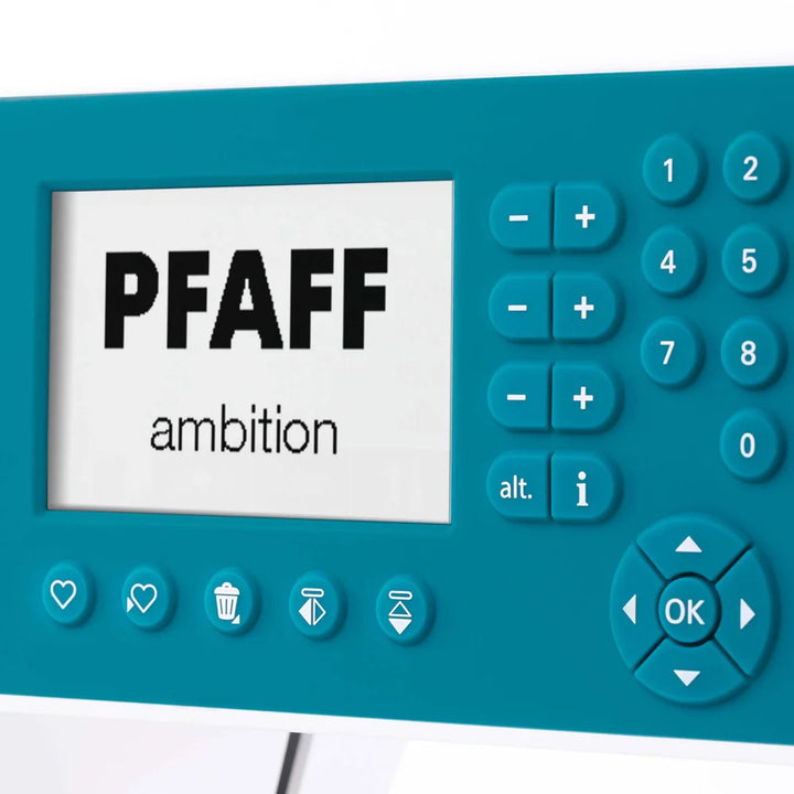 PFAFF ambition 620 LCD-näyttö ja ohjauspainikkeet lähikuvassa