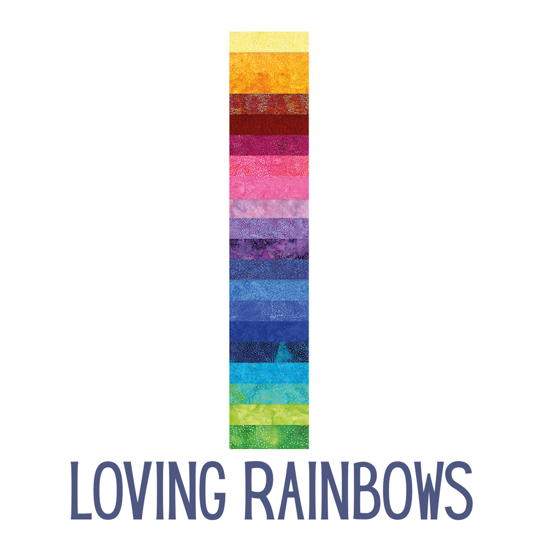 Bali Pops Loving Rainbows kaitalerulla, kirkkaanvärisiä Bali Dots -batiikkikaitaleita, 40 palaa 100% puuvillakangasta.