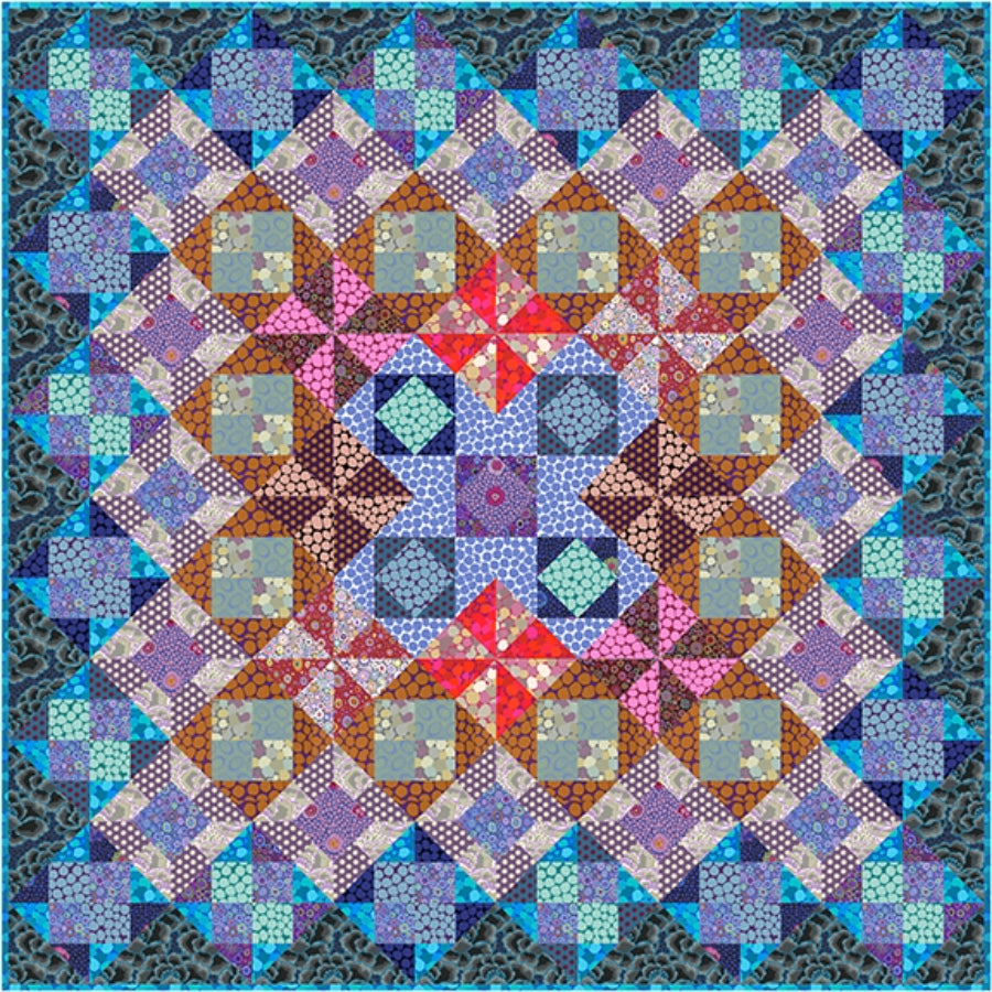 Kaffe Fassett Collective - Cathedral Tiles Multi tilkkutyöpakkaus, vuoden 2024 mysteeritilkkutyö, valmiin peiton koko 76" x 76", edistyneille aloittelijoille, sisältää yli 10,5 metriä Kaffe Fassettin kankaita.