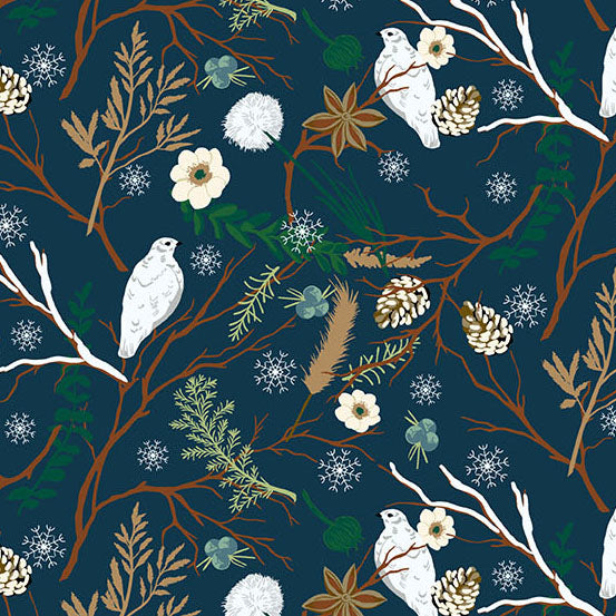 Nordic Solstice 10632-B Birch Grove North Sea puuvillakangas – tummansininen koivumetsäkuvio tilkkutyöhön
