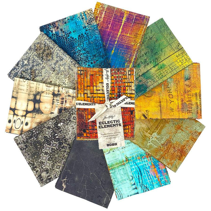 Tim Holtz Abandoned Fat Quarter -kangasnippu, 10 värikästä ja teksturoitua kangaspalaa – FreeSpirit Fabrics.