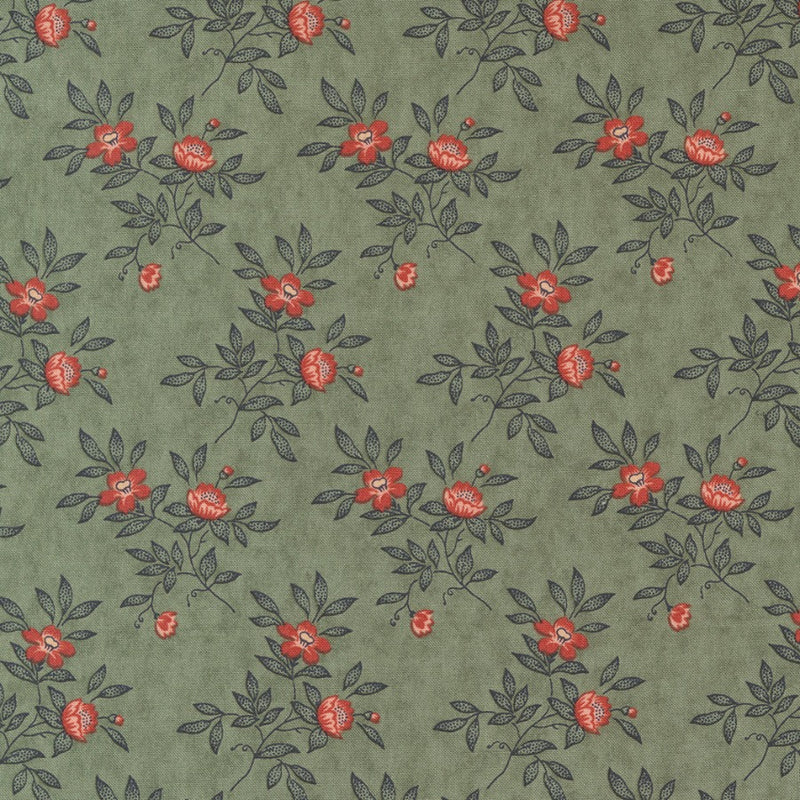 Vihreä puuvillakangas, jossa punaisia kukkia. Osa 3 Sistersin suunnittelema Rendezvous -kokoelmaa.